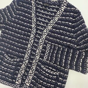 MASSIMO DUTTI CARDIGAN WOMENS SMALL BLUE WHITE TEXTURED KNIT POCKETS OFFICE CITY